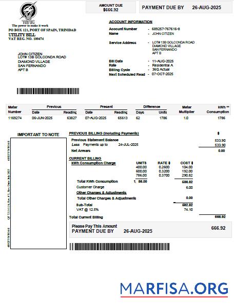 Blank Trinidad and Tobago Electricity Commission utility bill template in Word and PDF formats